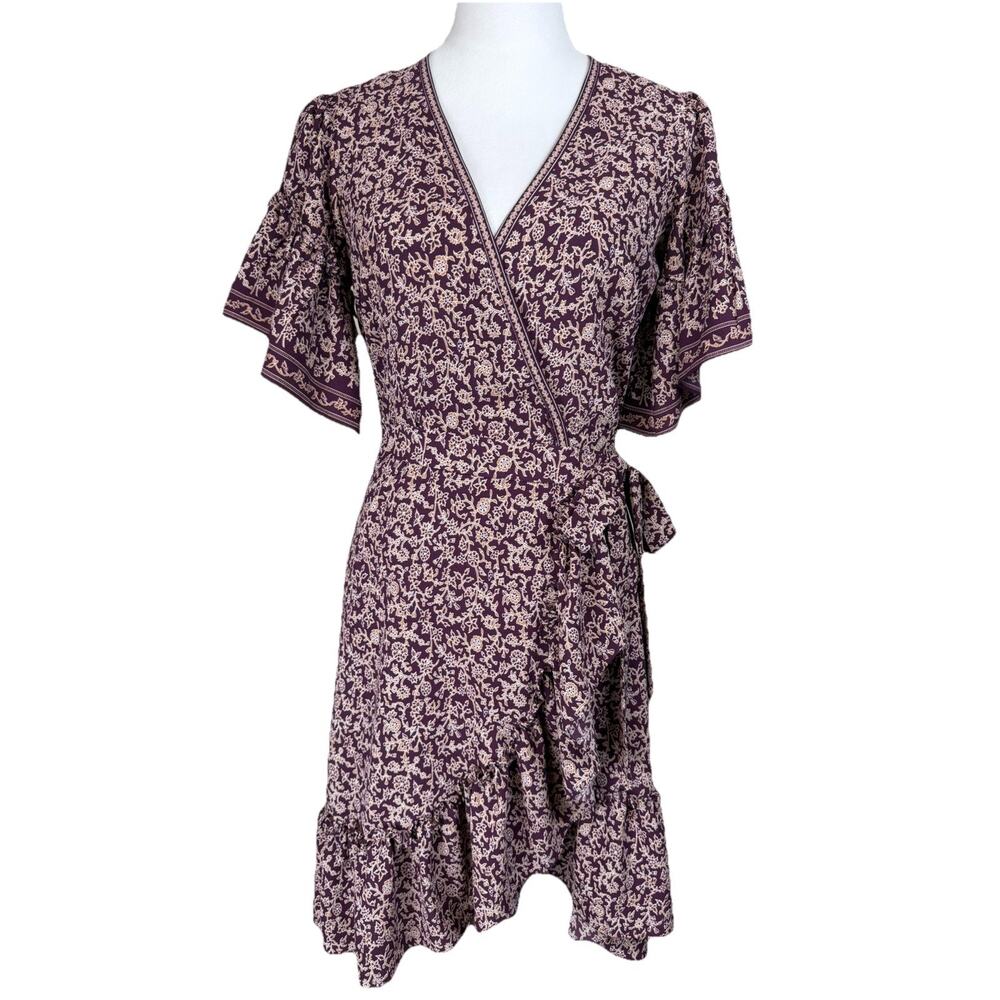 Max Studio Floral Ruffle Sleeve Wrap Dress Size XS Maroon Cottagecore Prairie
